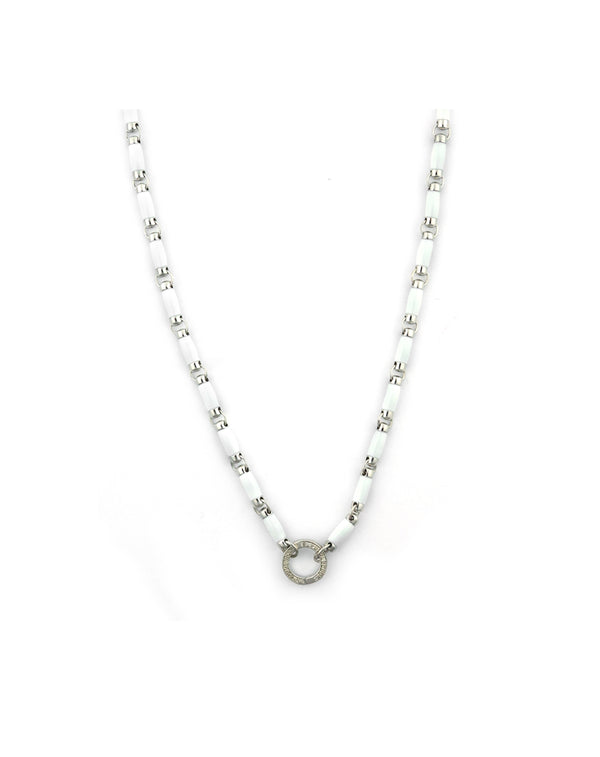 Silver Diamond White Enamel Lock Necklace