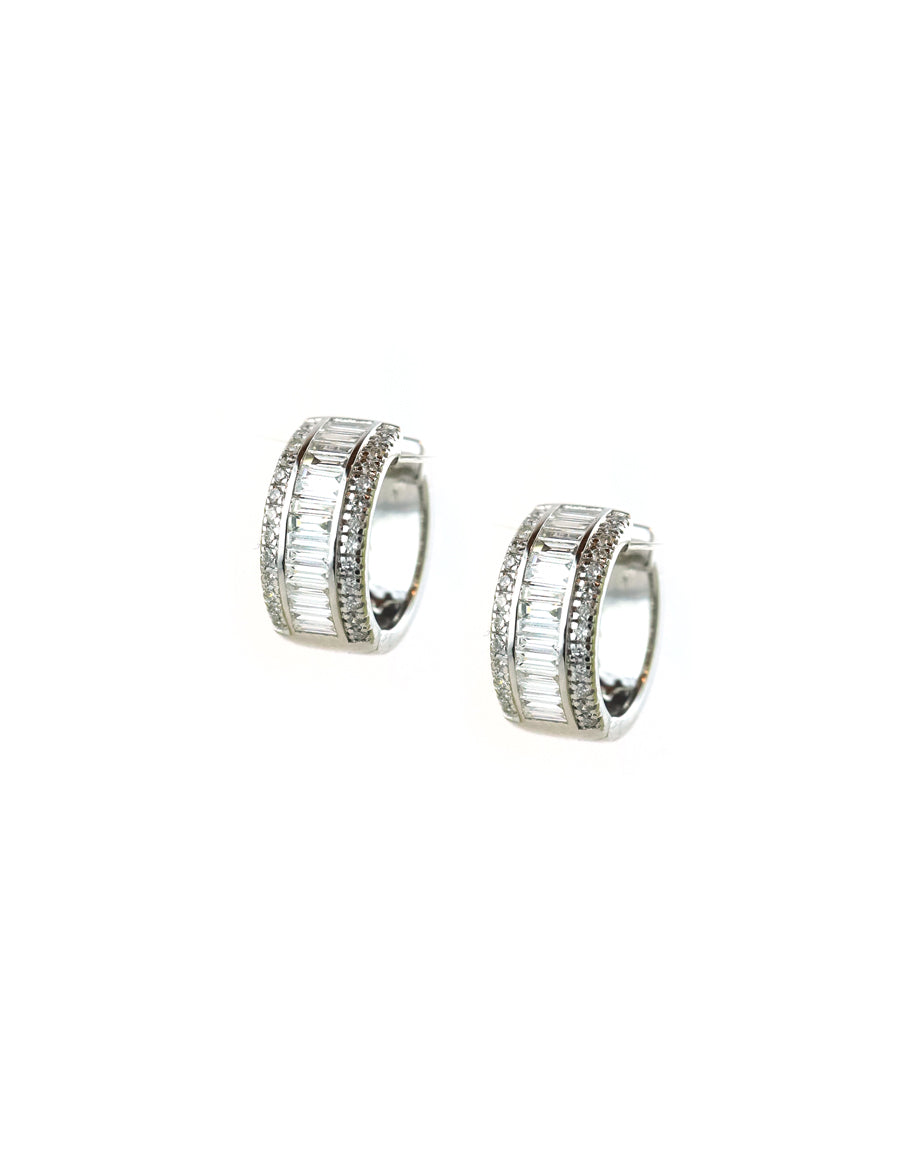 1/2" 18K White Gold Thick 1.15ct Baguette Diamond Hoops