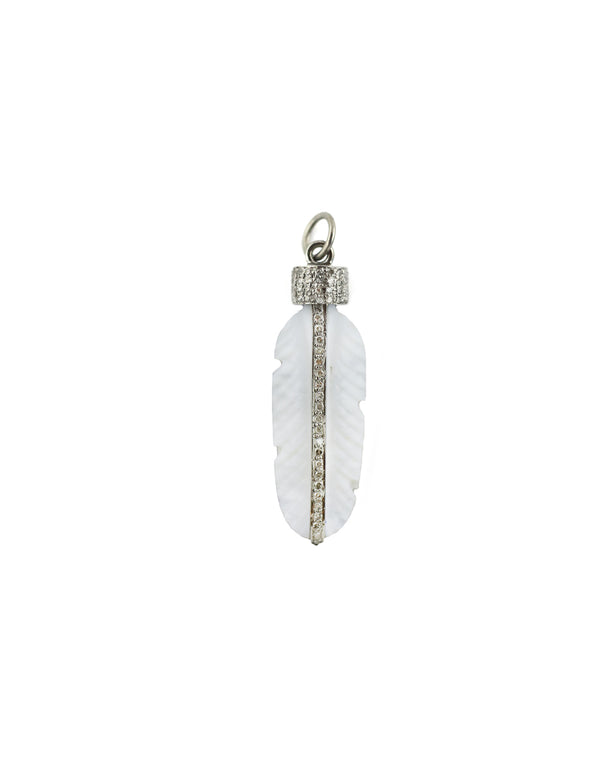Silver Diamond Carved White Opal Feather Charm