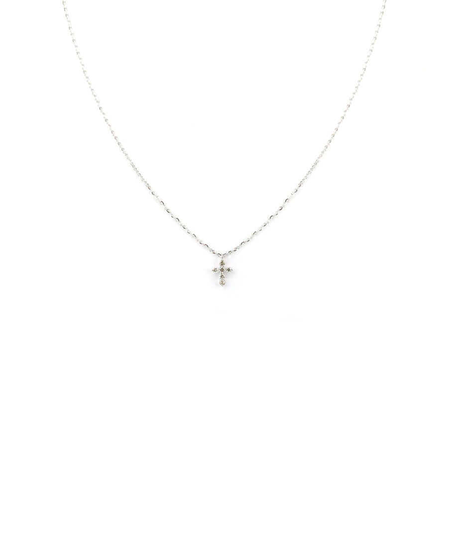 14K White Gold Tiny Diamond Cross Necklace Dainty Layering