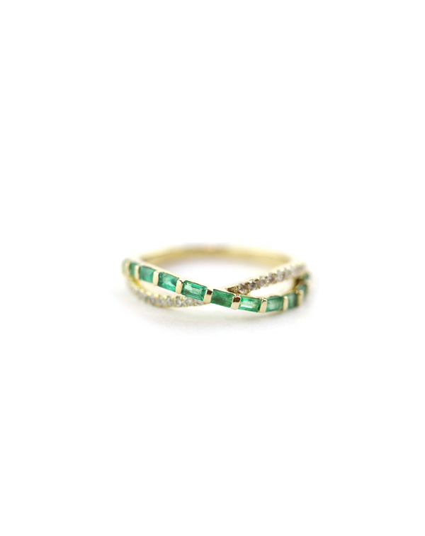 14K Gold Baguette Emerald .151ct Diamond X Ring