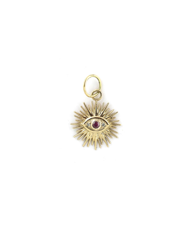 14K Gold Radiant Ruby Evil Eye Charm