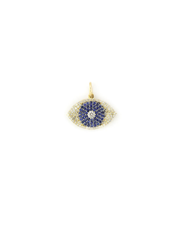 14K Gold Pave Diamond & Sapphire Evil Eye Charm 