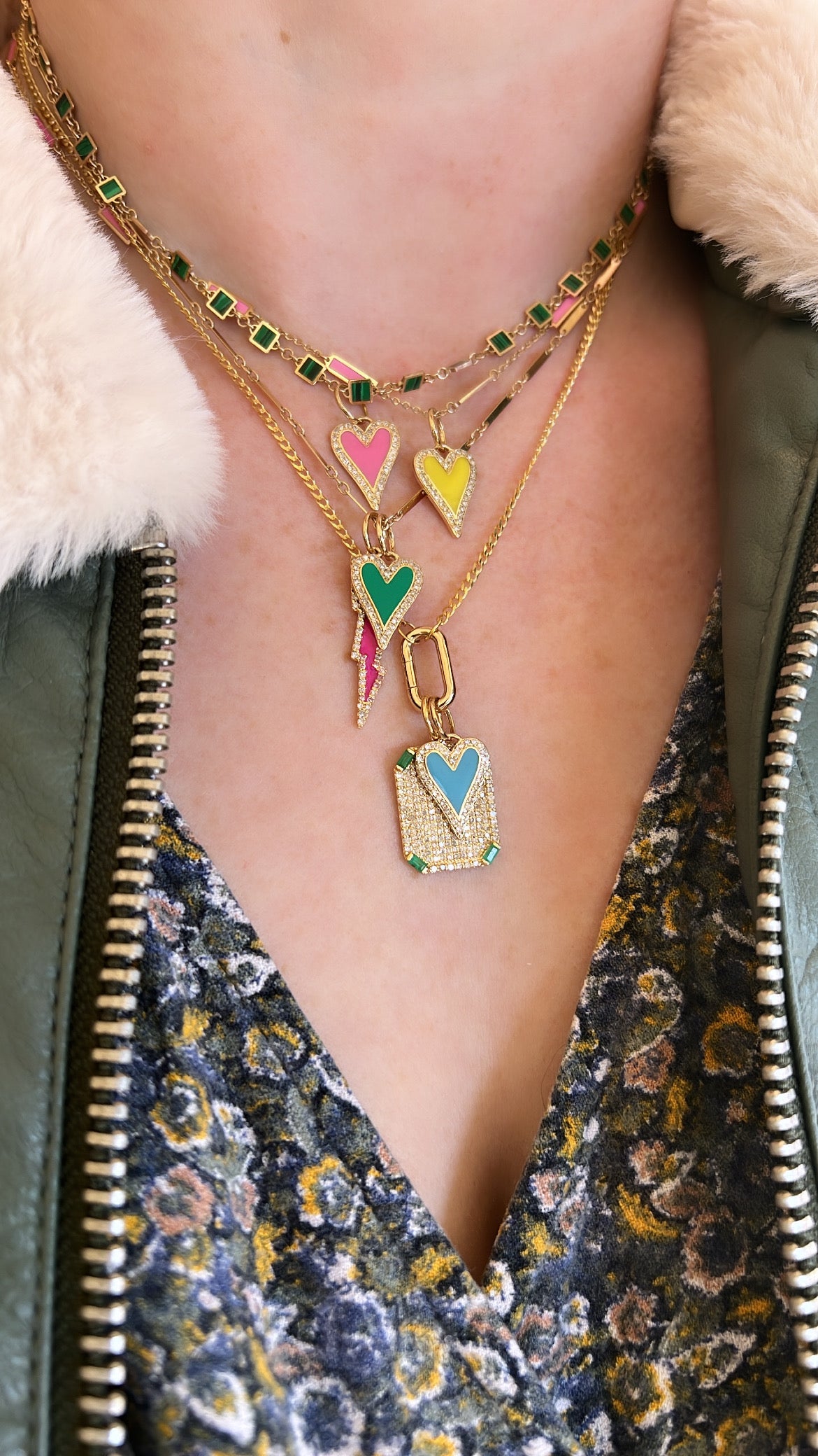 Colored Enamel Heart Chain Necklace in Gold