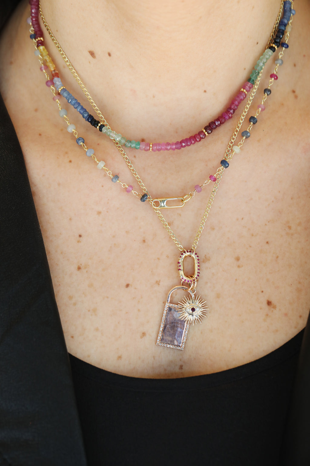 14K Gold Radiant Ruby Evil Eye Charm