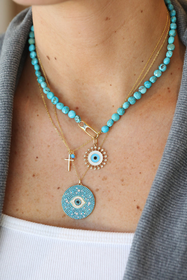 Ornate Turquoise Crystal Evil Eye Medallion Necklace