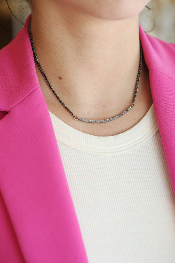 The Lina Necklace: Oxidized Bar on Silver Cuban Chain