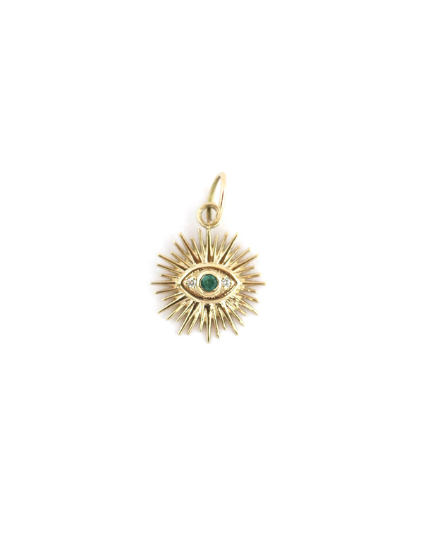 14K Gold Sunburst Evil Eye with Emerald