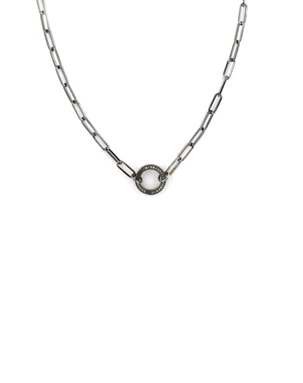 Silver Diamond Circle Lock Necklace: Gunmetal Paper Clip Chain