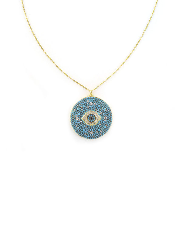 Ornate Turquoise Crystal Evil Eye Medallion Necklace