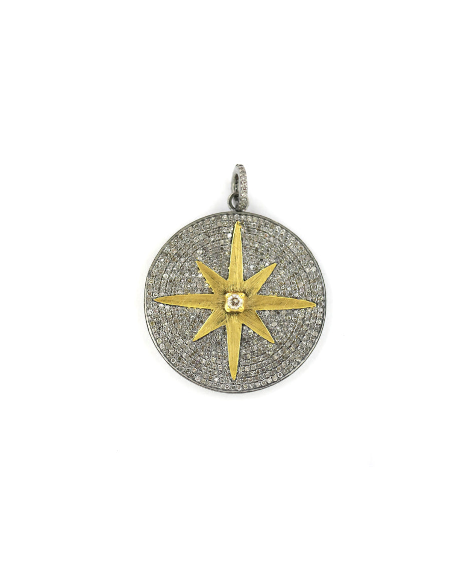 XL 14K Gold Two Tone Diamond Compass Pendant